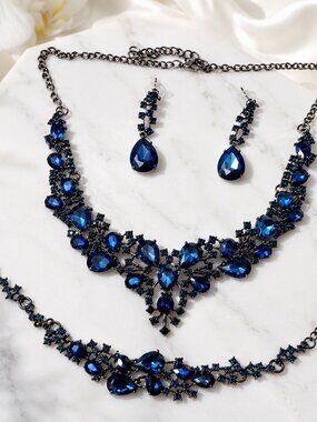 Midnight Sapphire Blue Rhinestone Collar Necklace Set | Gala Prom Wedding Formal